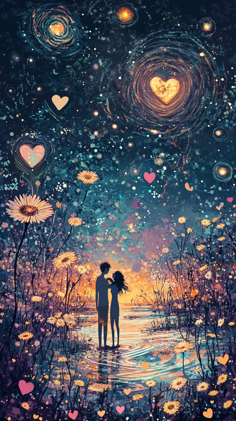 Dreamlike Couple On A Dusk Beach In Abstract Illustration