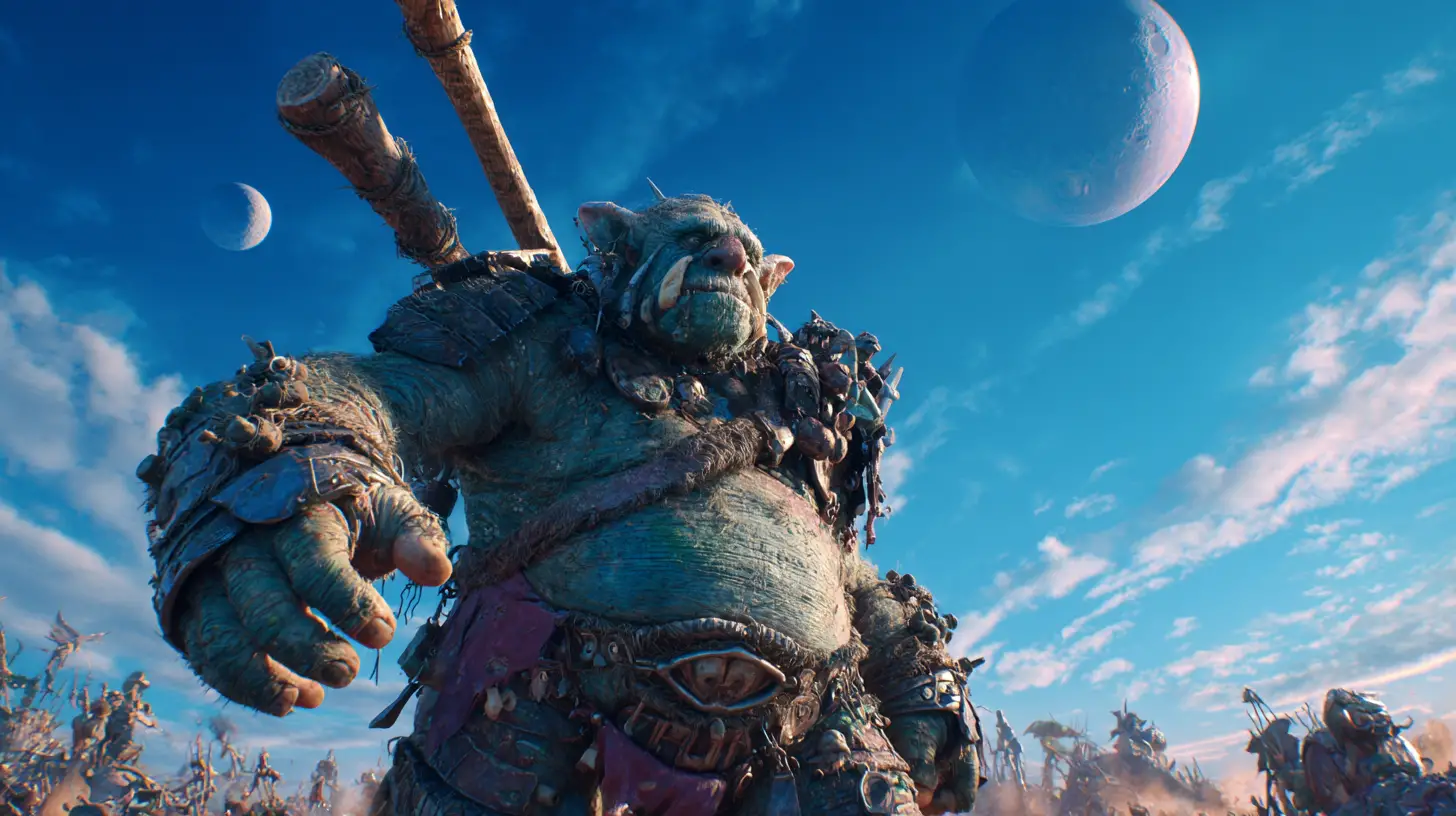 Armored troll wielding bone club on muddy battlefield