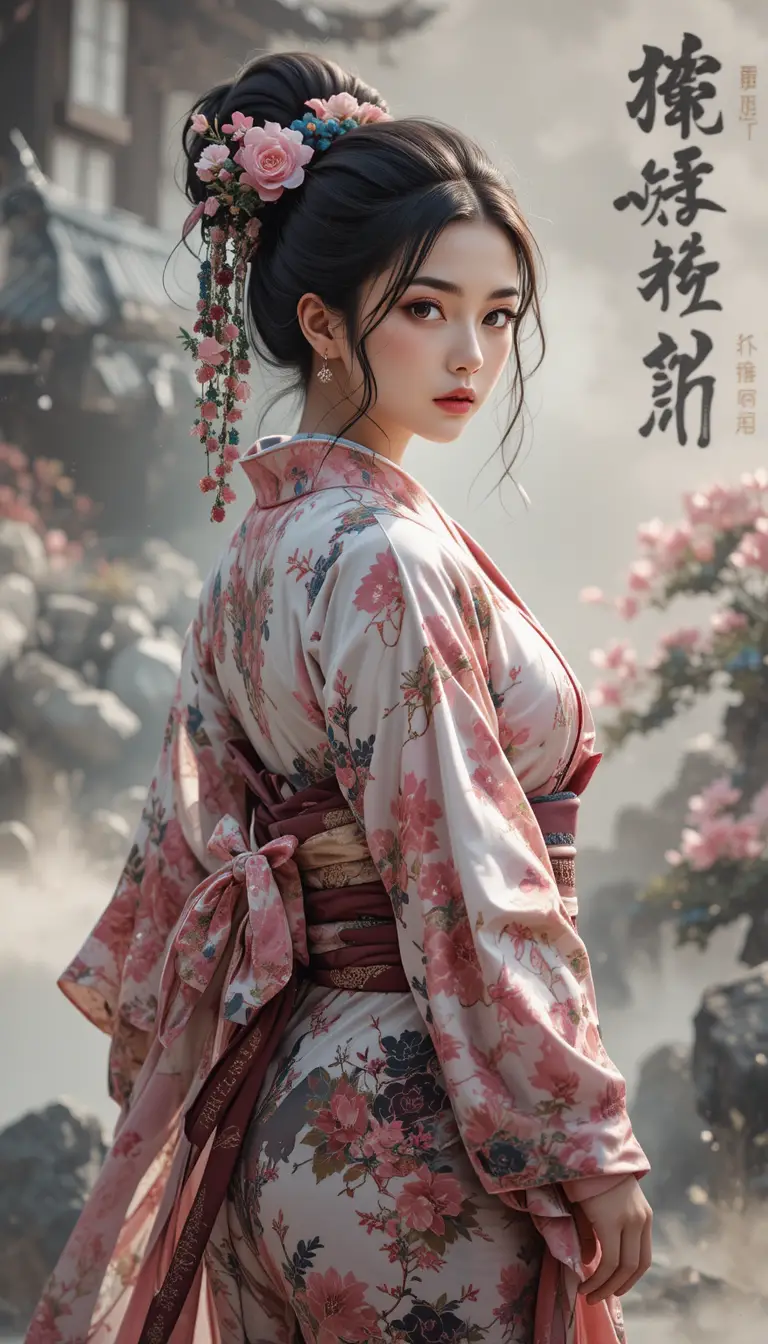 Ink wash anime girl in pink kimono leaning forward
