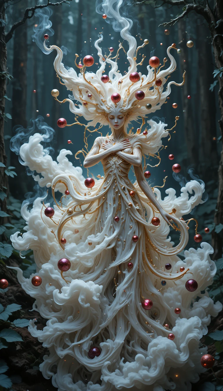 Mystical spirit of light emerging in a dark forest