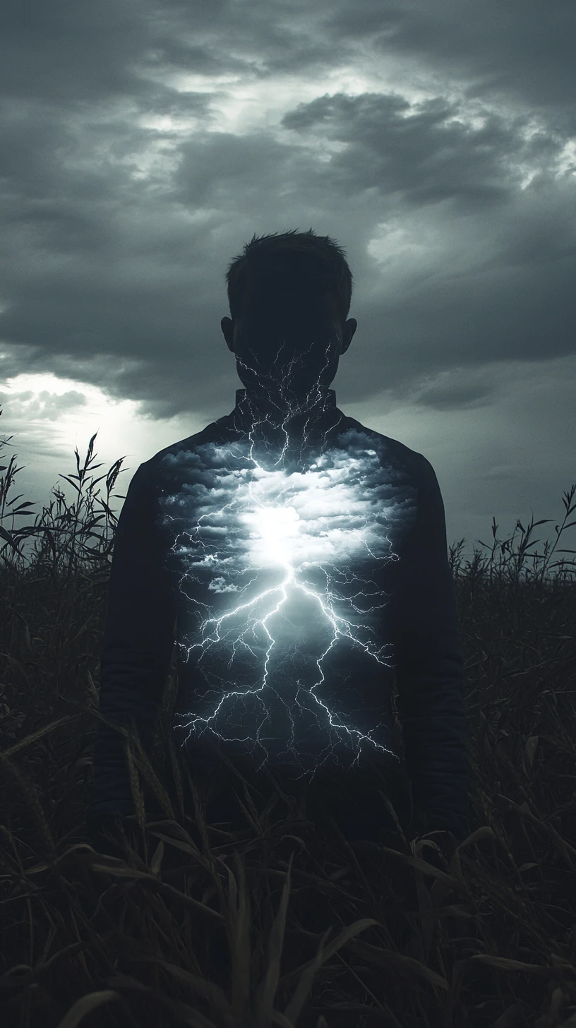 Uomo in un campo tranquillo con una tempesta nel petto