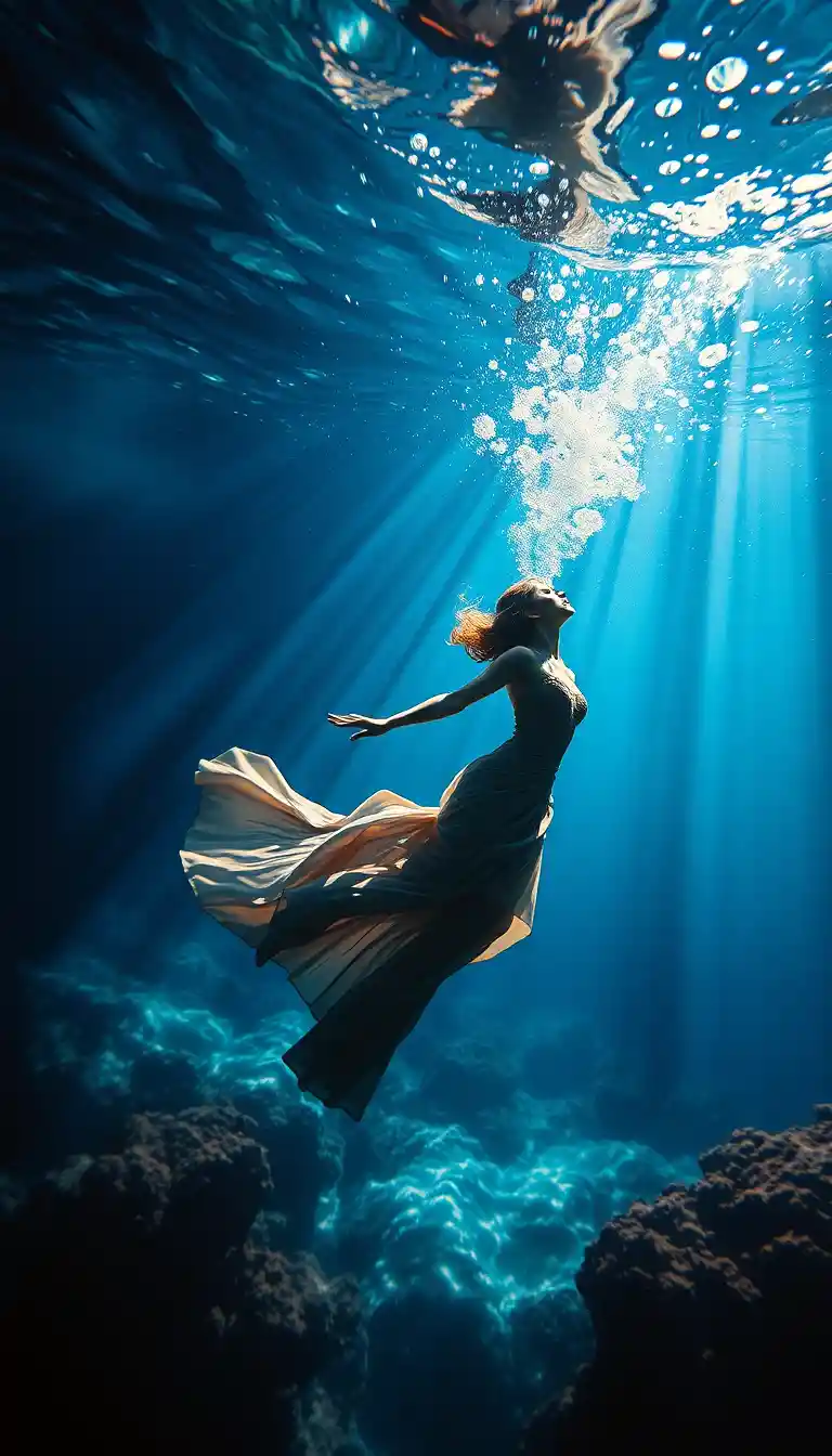Mujer elegante nadando entre surrealistas rayos de luz bajo el agua
