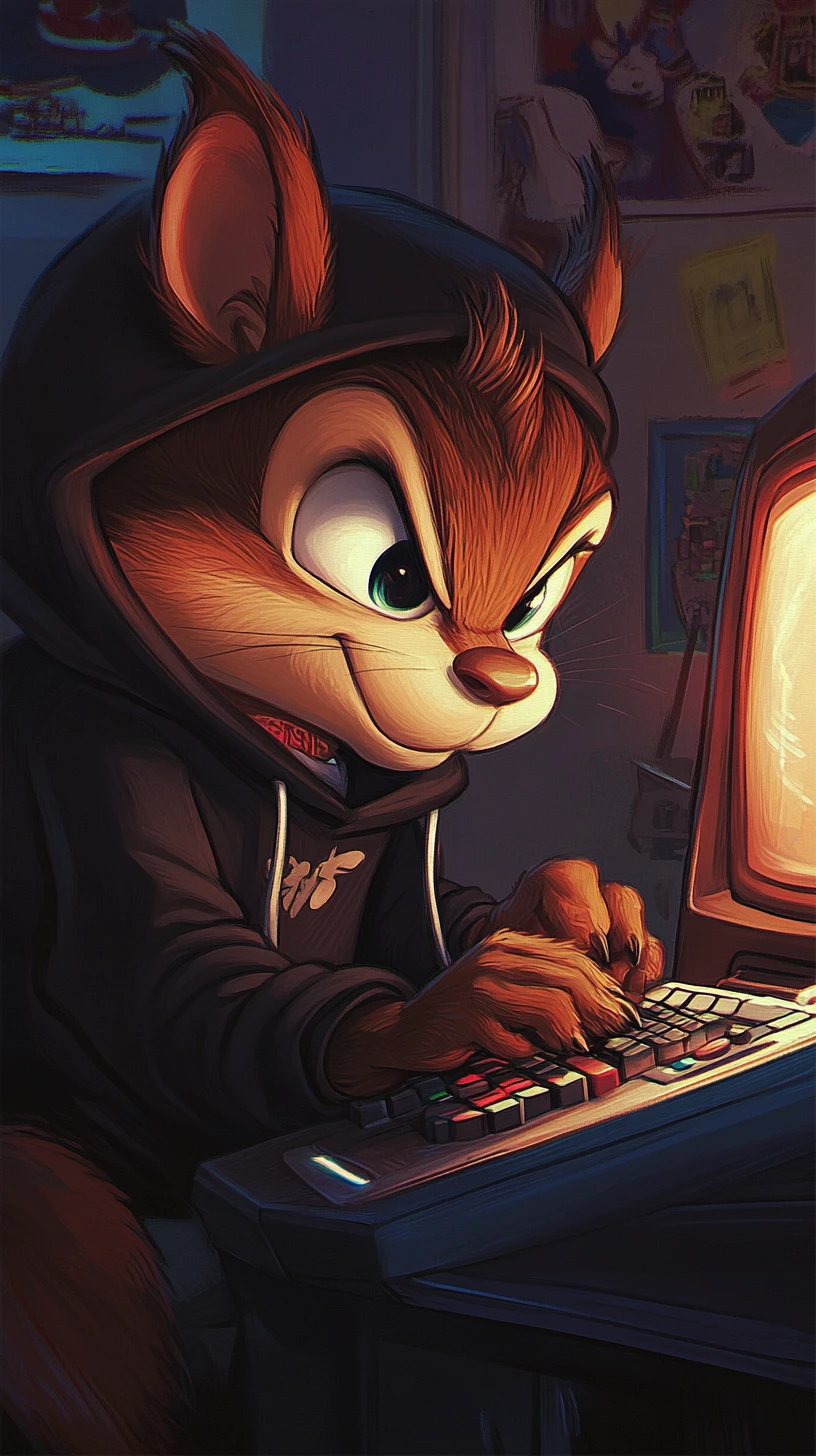 Cartoon chipmunk gamer focused on a glowing console screen