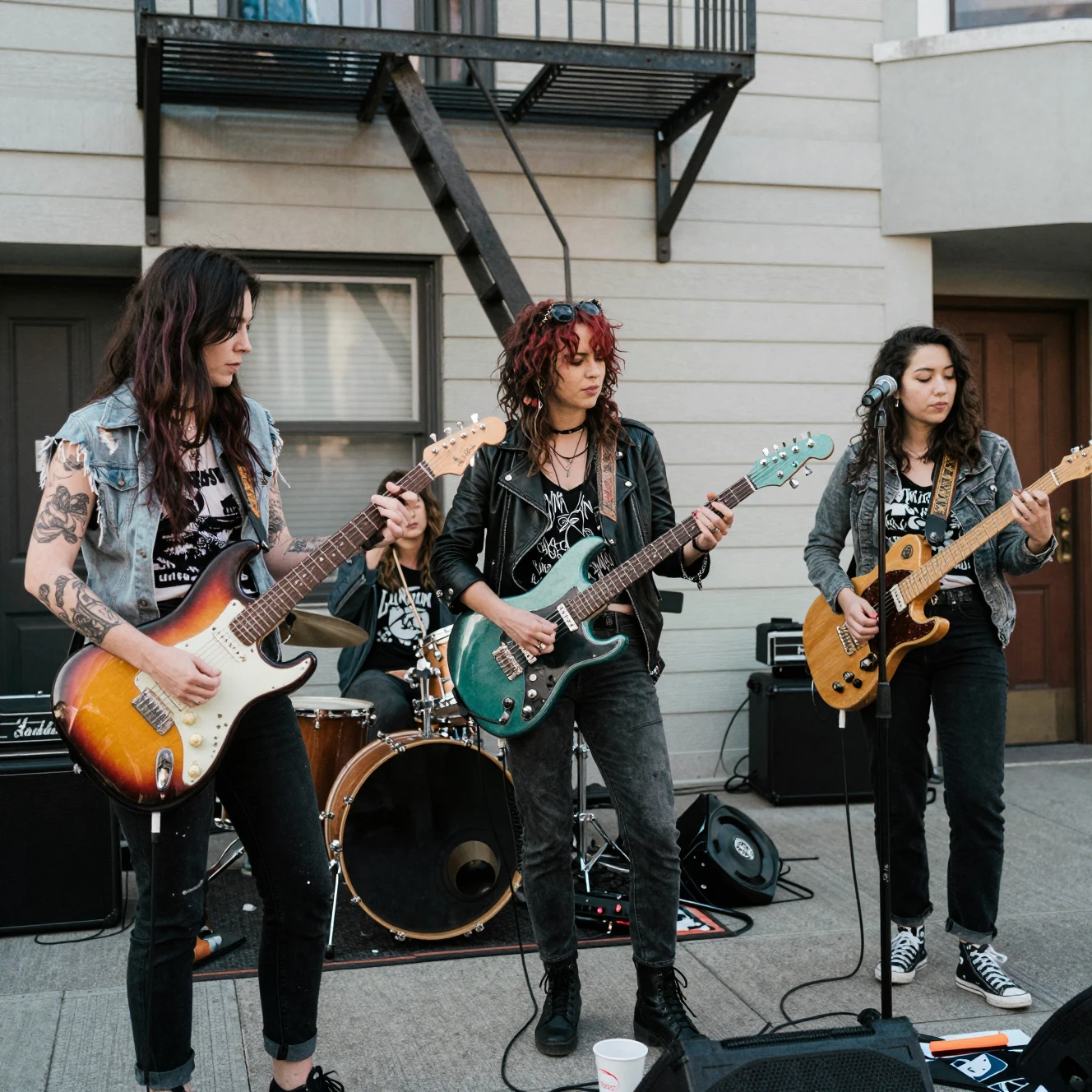 Frauen-Grunge-Band entspannt auf einer Feuerleiter in San Francisco