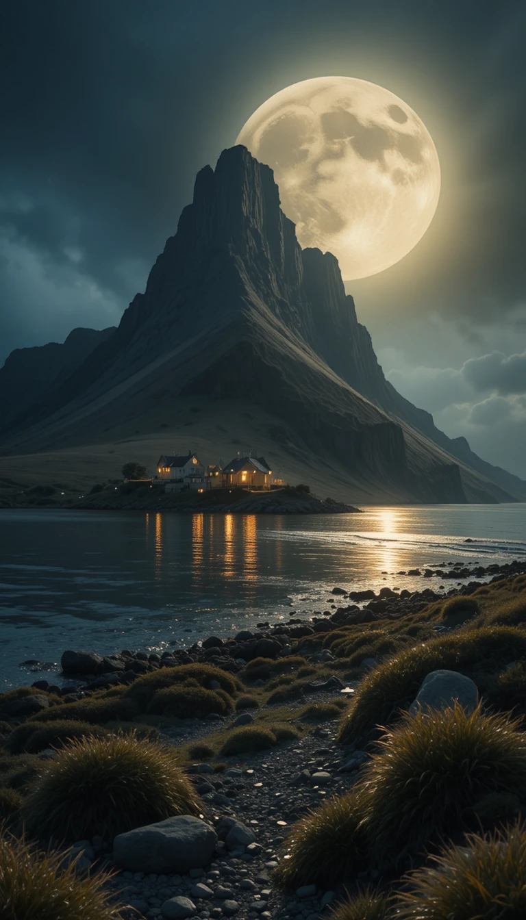 Surreal coastal village under colossal moonlit mountain