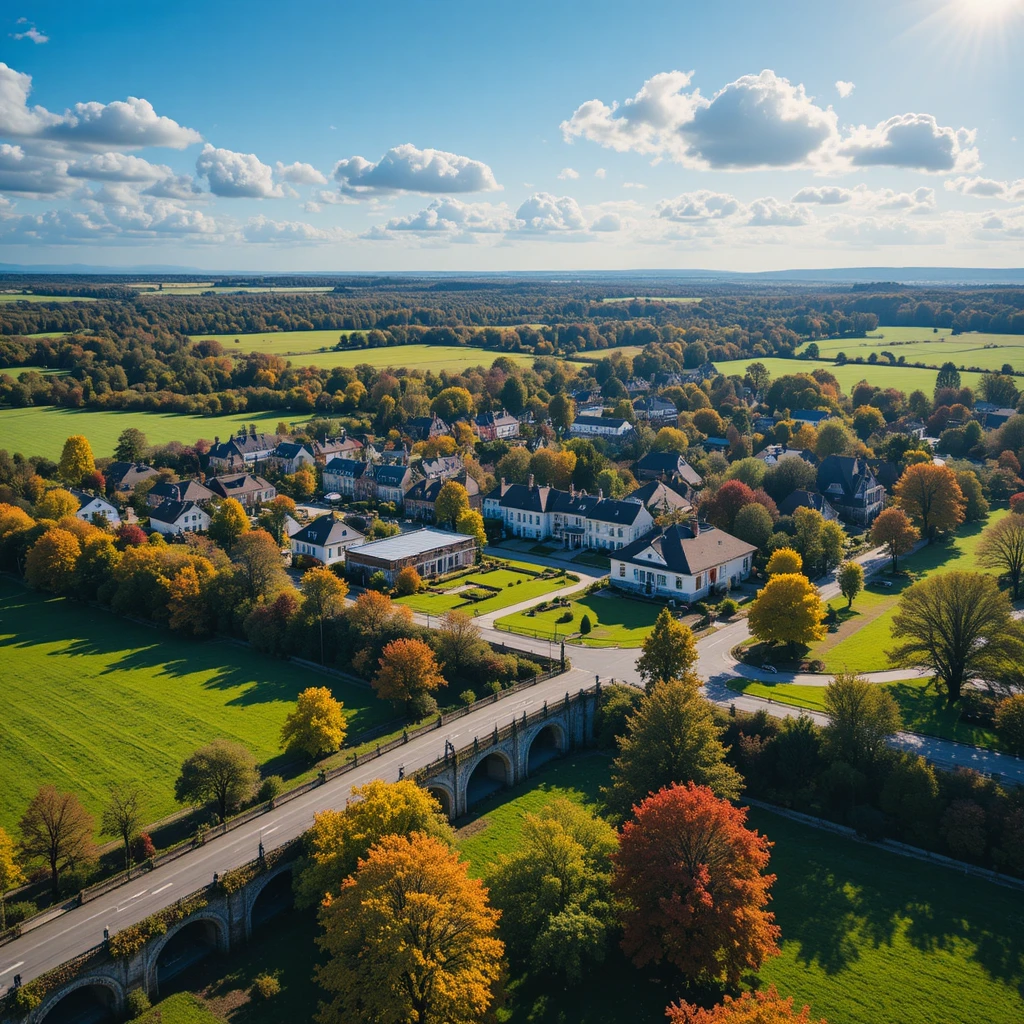 Sunny aerial view of a small town with autumn park