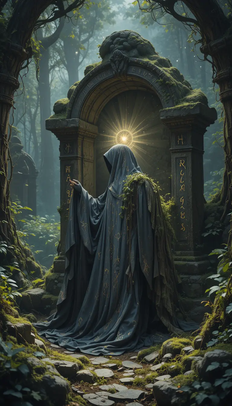 覆蓋苔蘚石祭壇上發光的附魔連帽斗篷