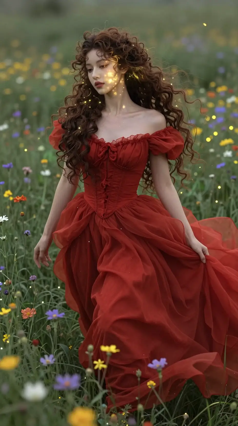 Ethereal woman in red dress lying in wildflower meadow