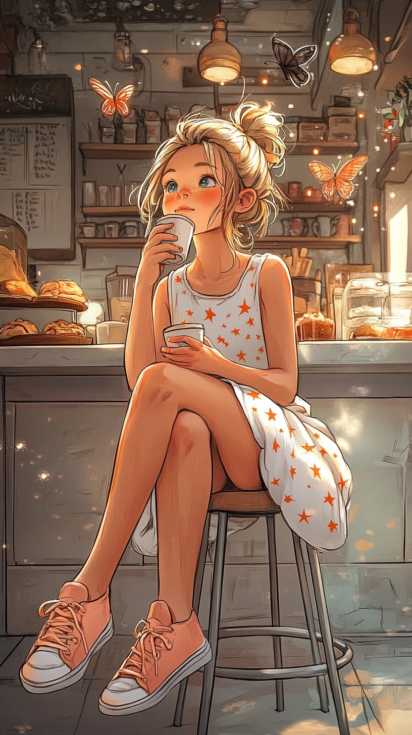 Cute cartoon girl daydreaming in a cozy cafe