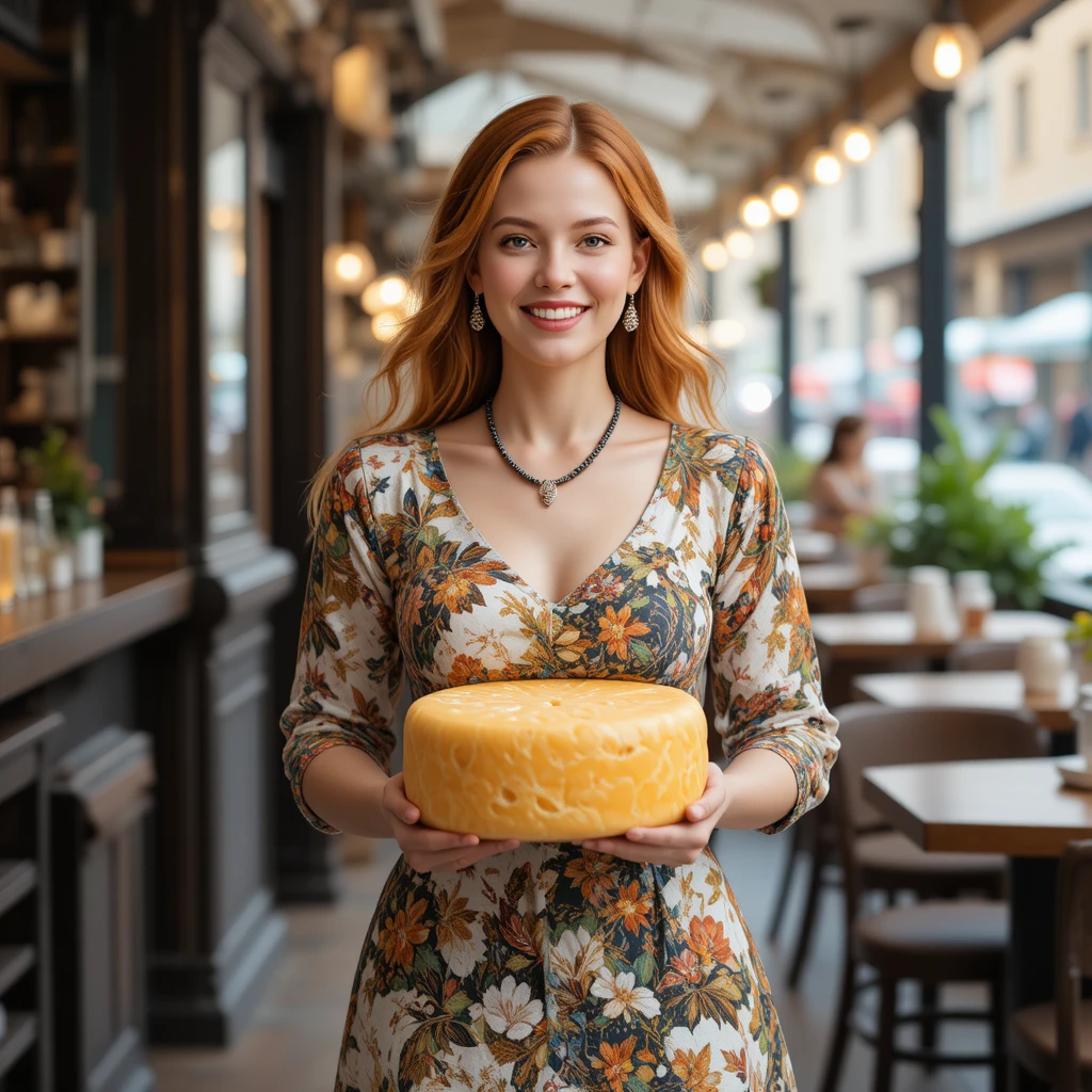 Smiling woman in a dress carrying cheese through a cafe