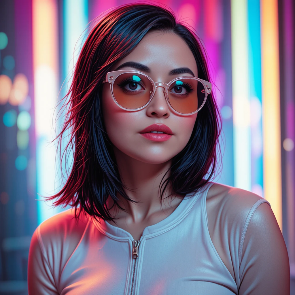 Mulher de pop art vanguardista com fundo futurista colorido