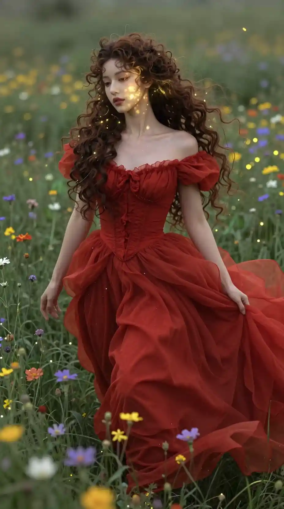 Ethereal woman in red dress lying in wildflower meadow