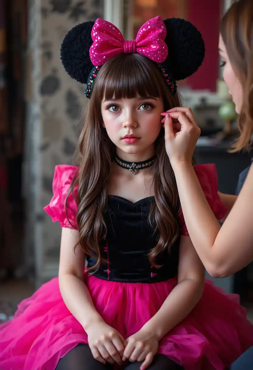 Boy in pink dress receiving makeup from a woman