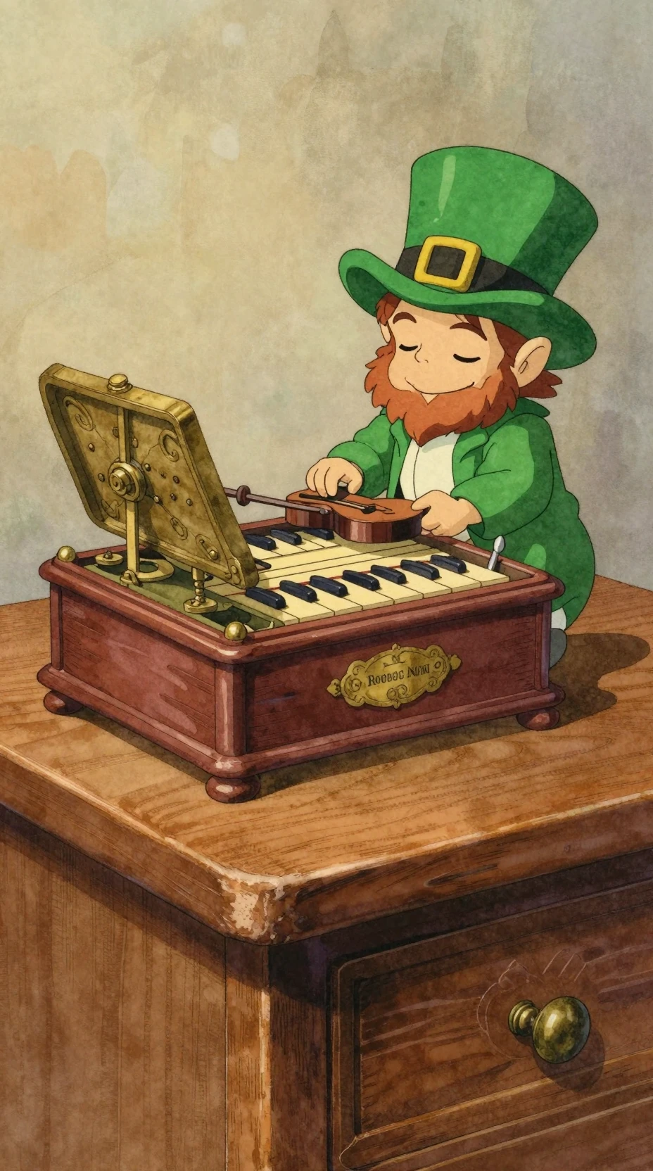 Folletto Leprechaun in Ascolto accanto a una Carillon Antica sulla Scrivania