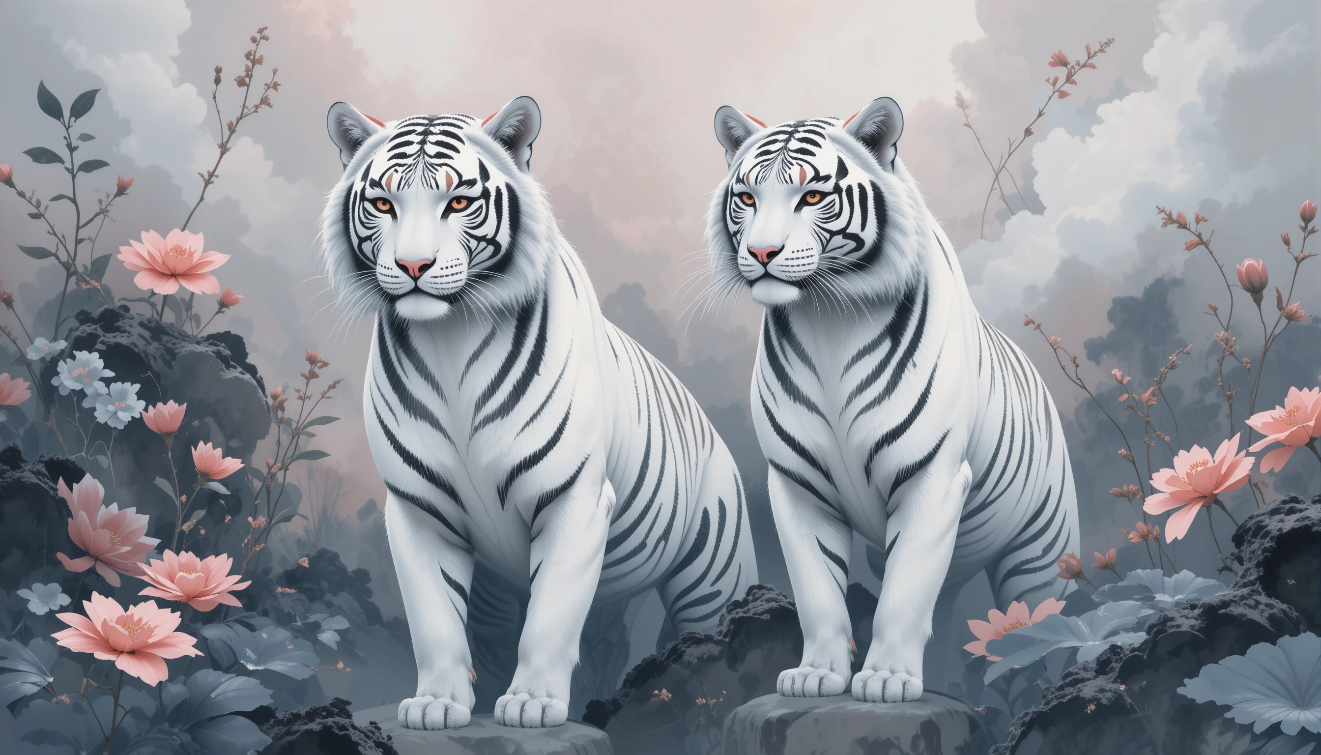 Deux tigres blancs dans une estampe sereine de forêt traditionnelle chinoise