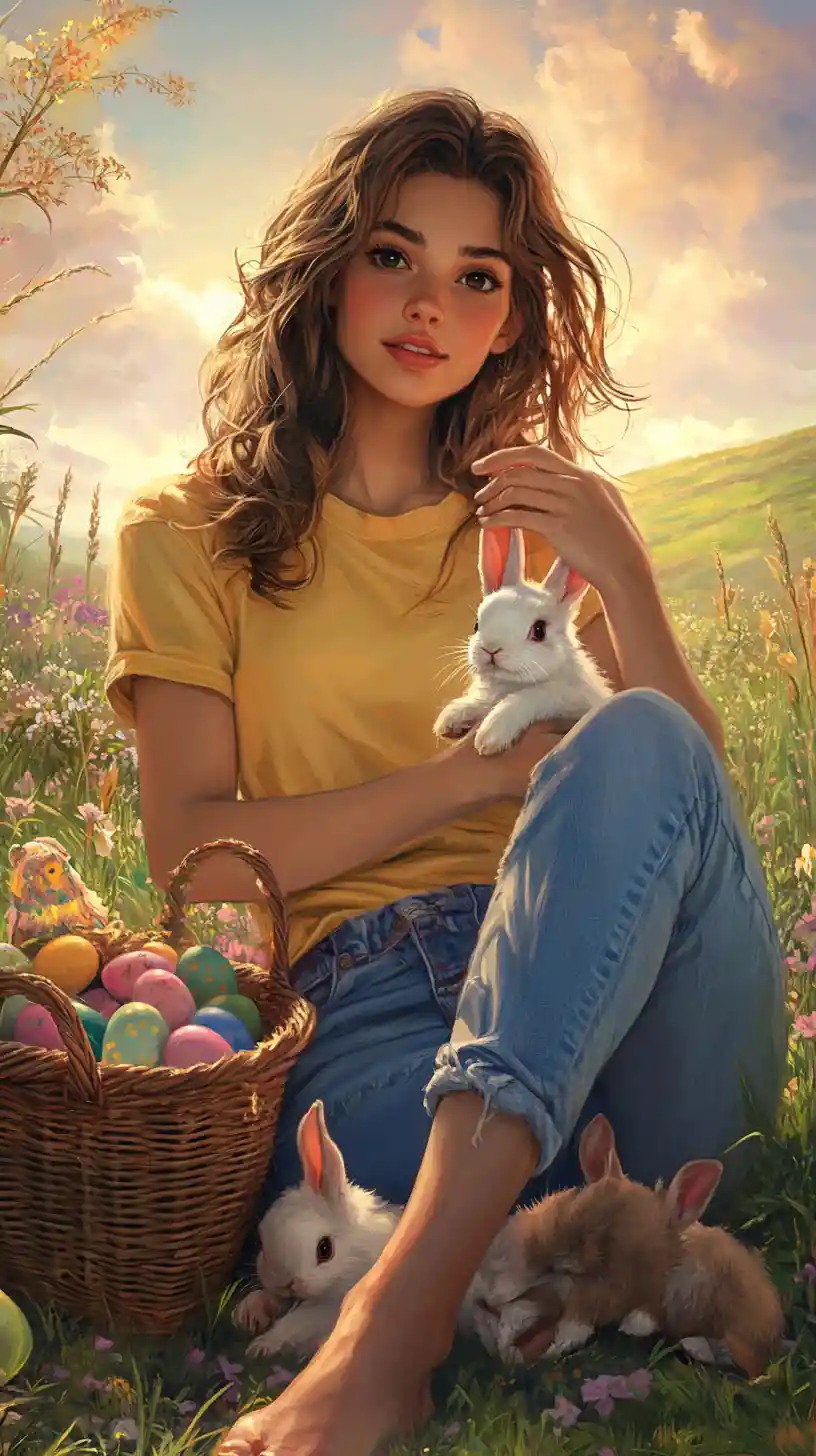 Young woman holding a rabbit in a sunny Easter field