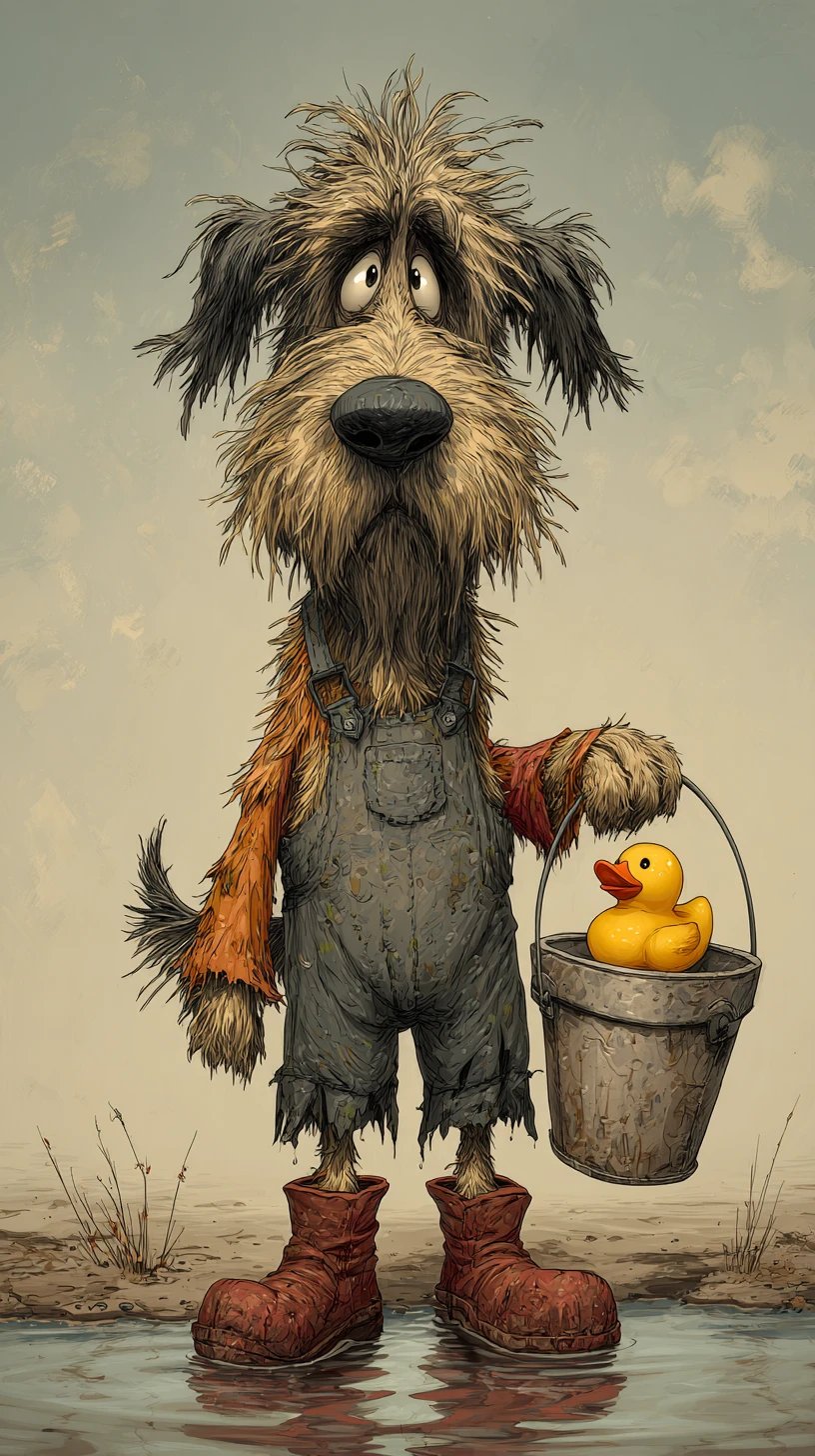 Chien de dessin animé triste avec seau et canard près de l’étang du village