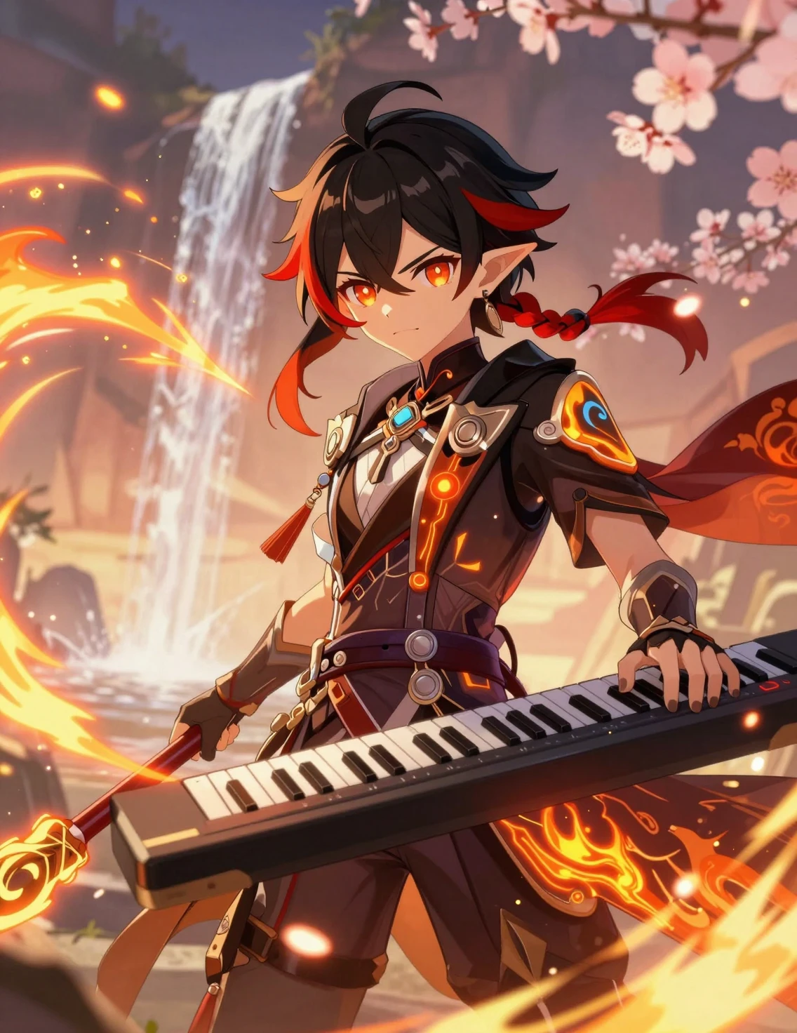 Fiery anime elf musician performing by a roaring waterfall