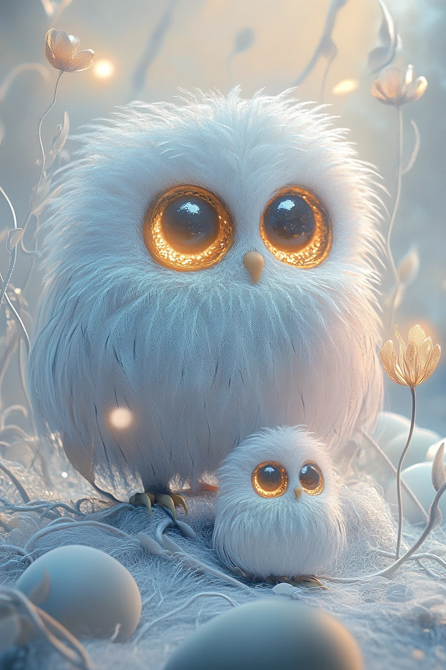 Corujas brancas fantasiosas em uma ilustração mágica e onírica