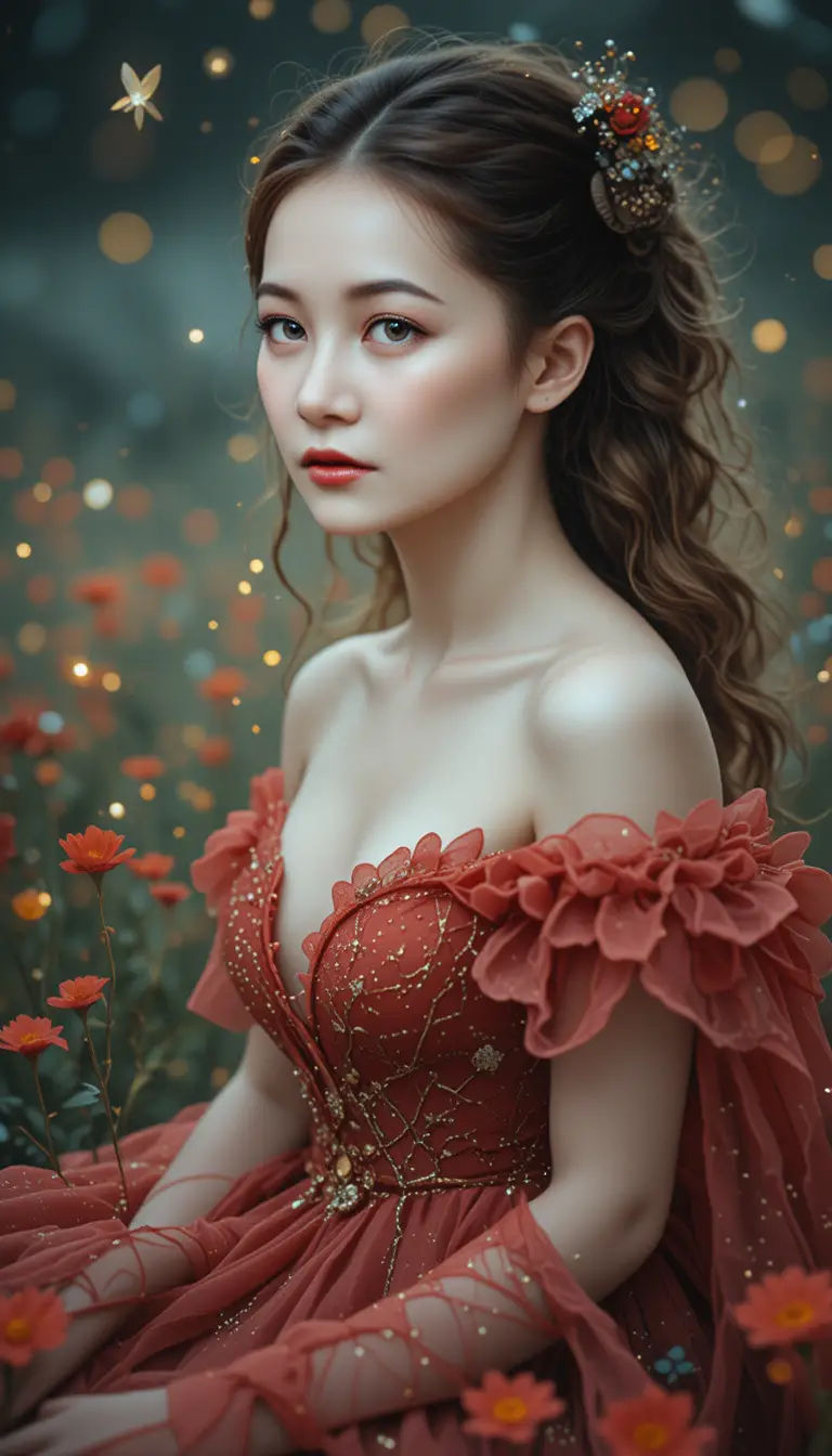 Ethereal woman in red dress resting in a wildflower meadow