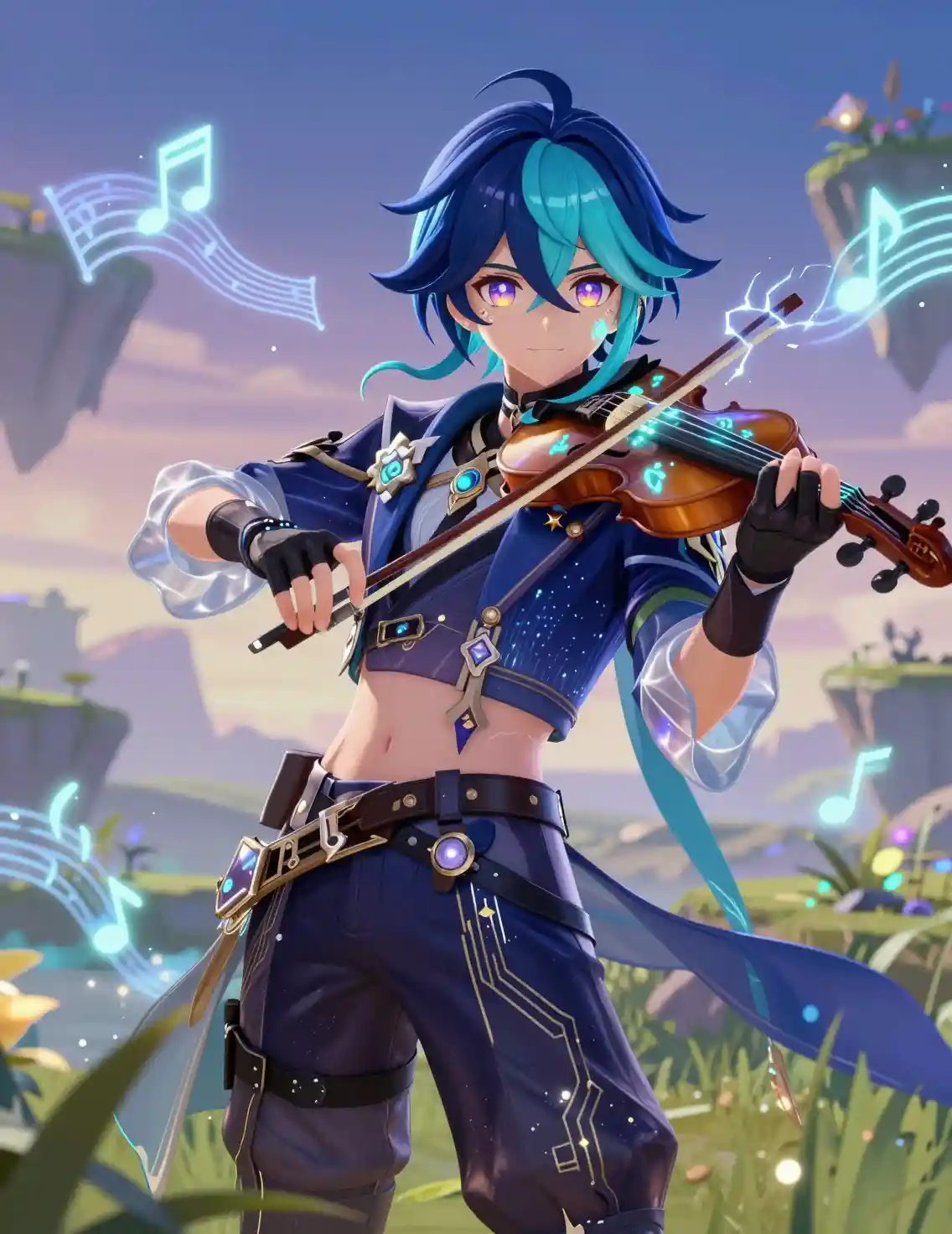 Cyber violinist with glowing runes in a dreamy sky