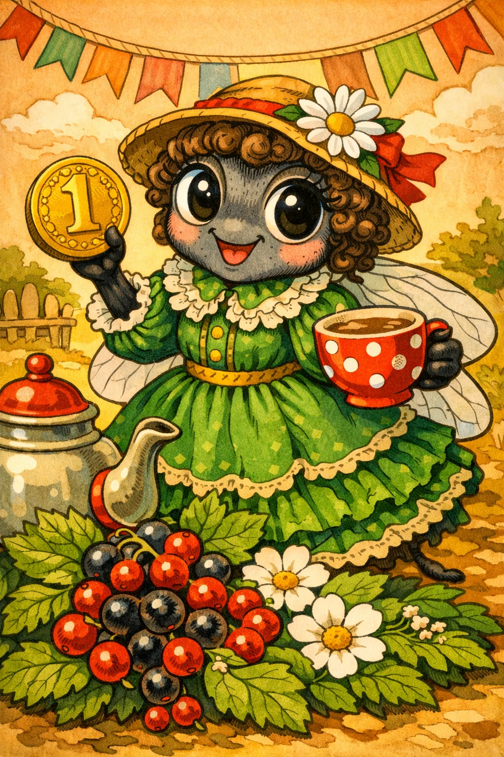 Anthropomorphic fly in a green dress holding coin and cup