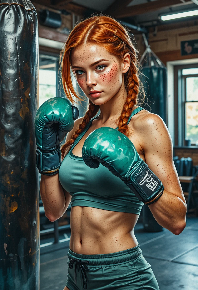 Sommersprossige rothaarige Frau boxt hart im Fitnessstudio