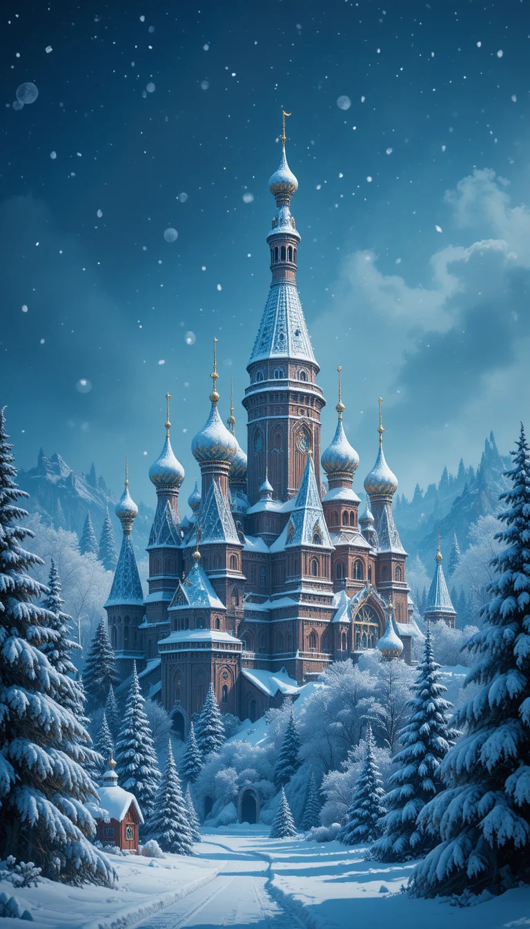 Castelo de inverno fantasioso sobre uma cidade nevada de fantasia