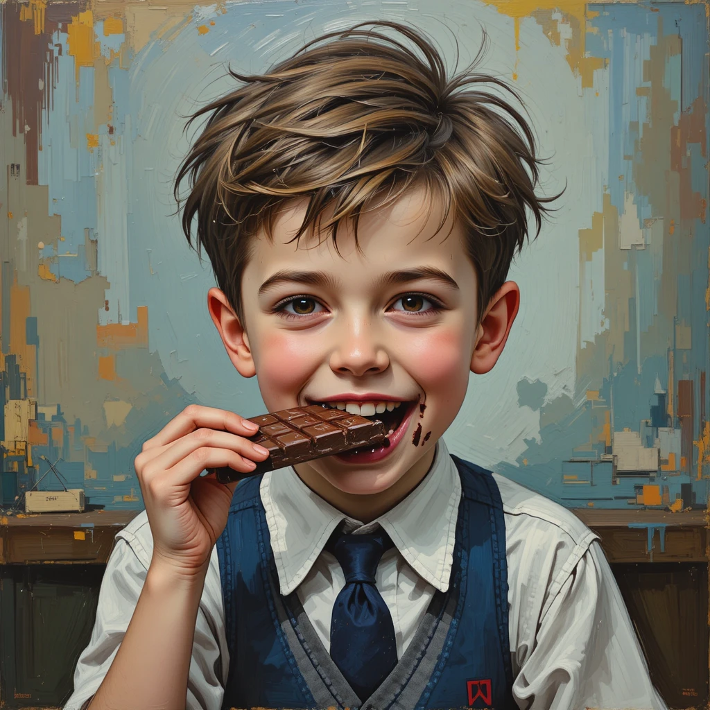 Scolaro birichino che mangia cioccolato in un’aula impressionista