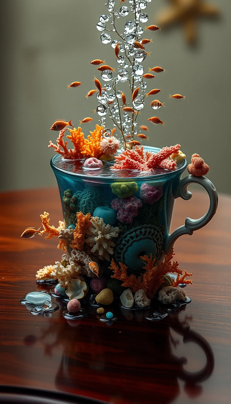 Xícara de porcelana antiga com um minúsculo recife de coral luminoso