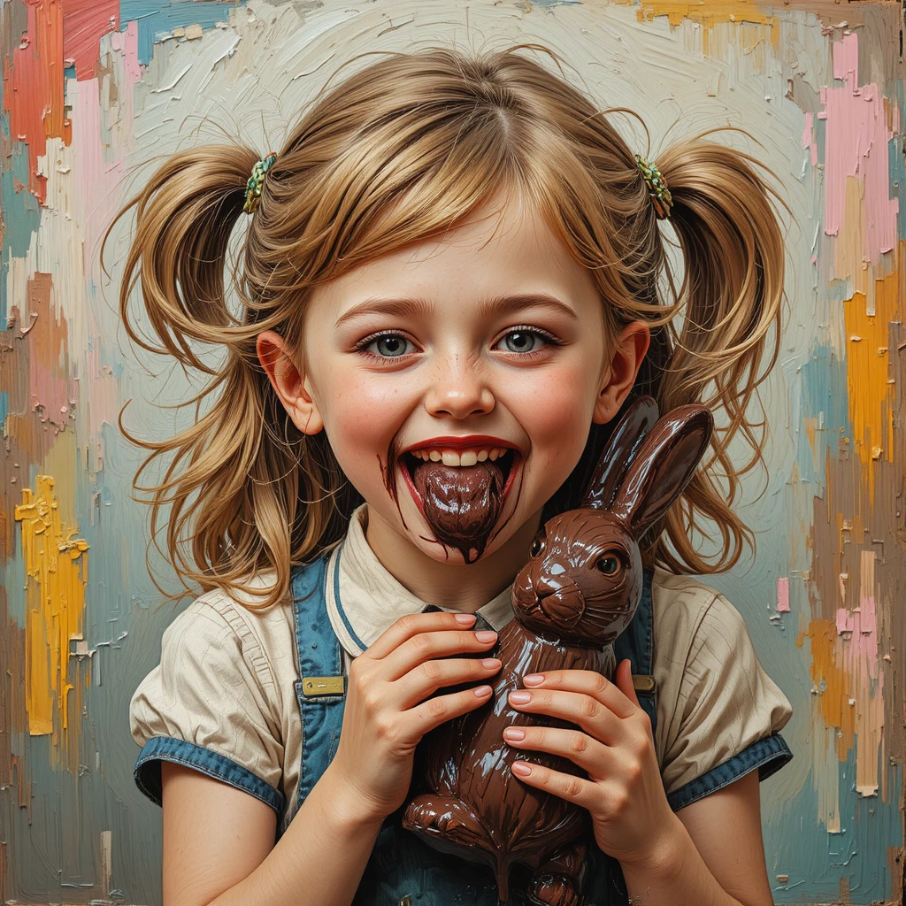 Playful girl with chocolate easter rabbit in a vintage classroom