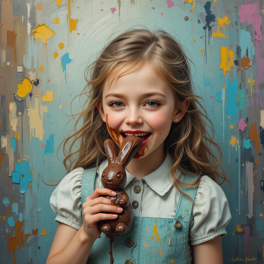 Smiling girl with chocolate easter rabbit in impressionist classroom