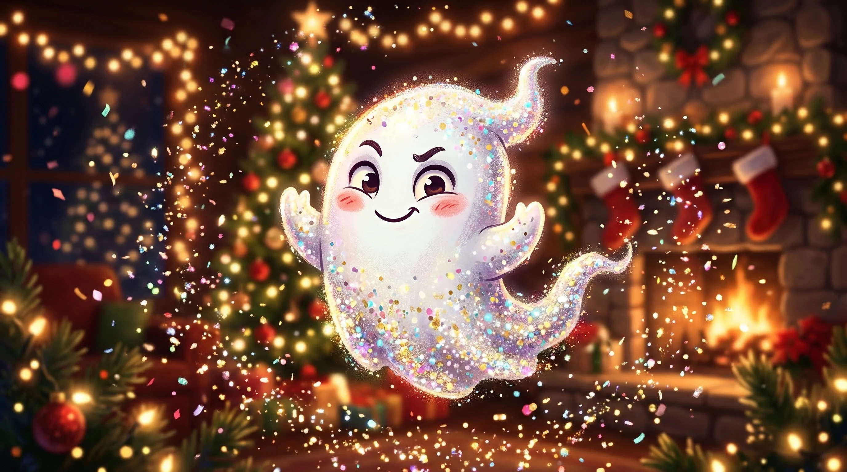 Cute glittery cartoon ghost with playful festive charm