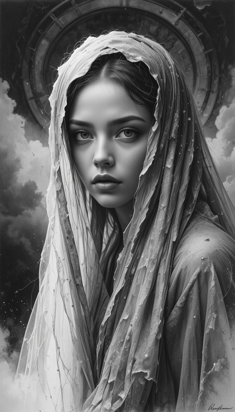 Surreal graphite portrait of a veiled woman in chiaroscuro