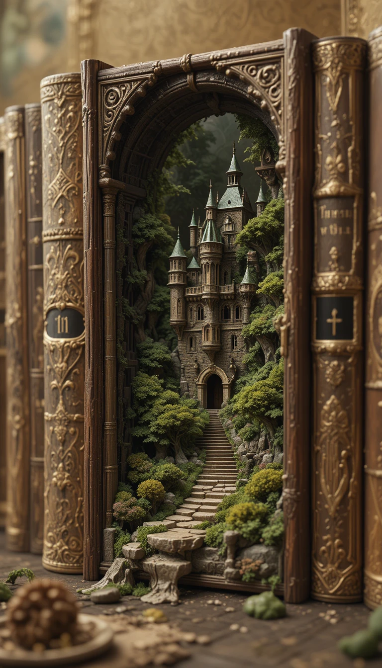 Close up of fantasy books revealing a gothic castle world