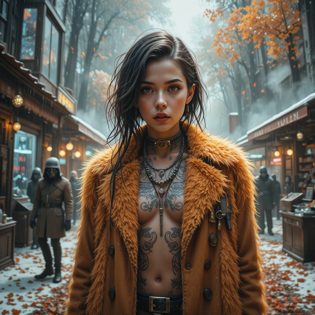 Cyberpunk woman in a glitching coat at a galactic bazaar