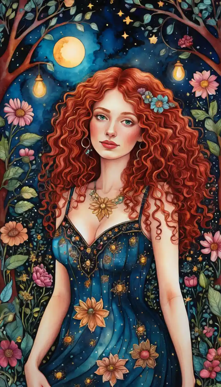 Mujer pelirroja fantasiosa en un jardín de fantasía de arte folk