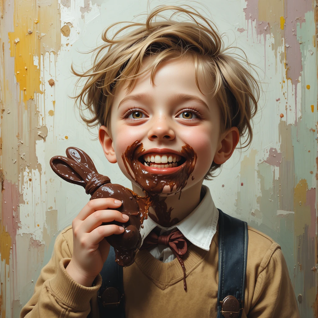 Garoto rindo com coelho de chocolate em sala de aula impressionista
