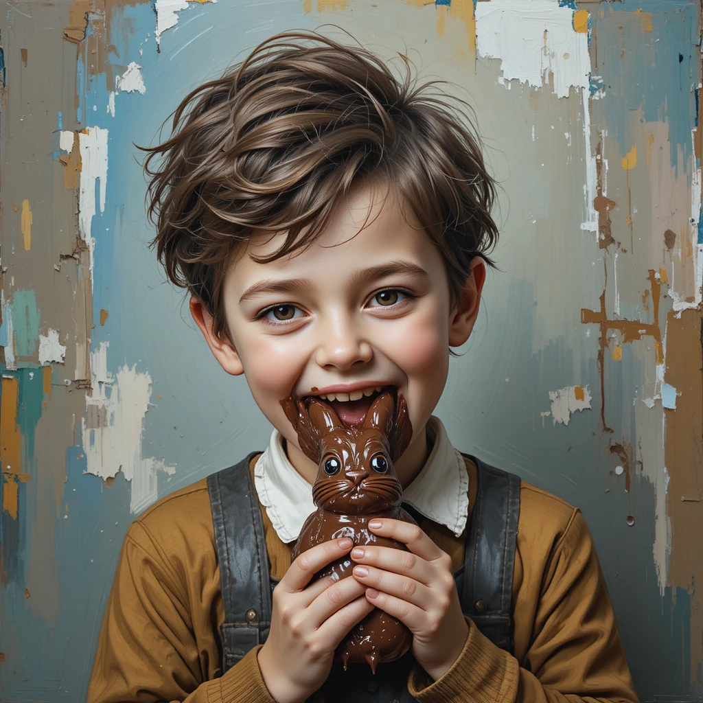 Menino sorridente comendo coelho de chocolate em sala de aula impressionista