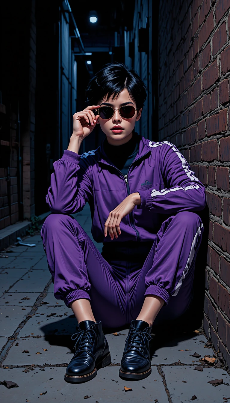 Woman in purple tracksuit in moody urban alleyway