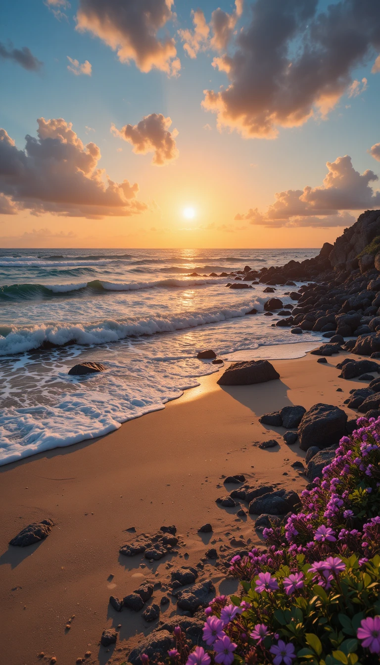 Romantischer Sonnenuntergang über Meereswellen an einem ruhigen Strand