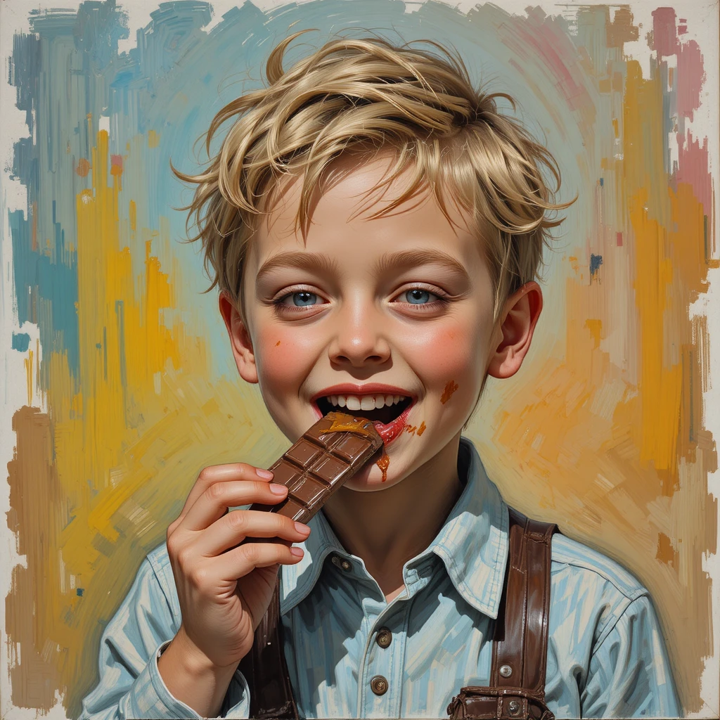 Menino brincalhão com sorriso manchado de chocolate em estilo impressionista