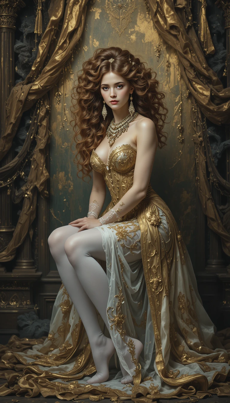 Baroque woman in ornate costume mid squat in dramatic light