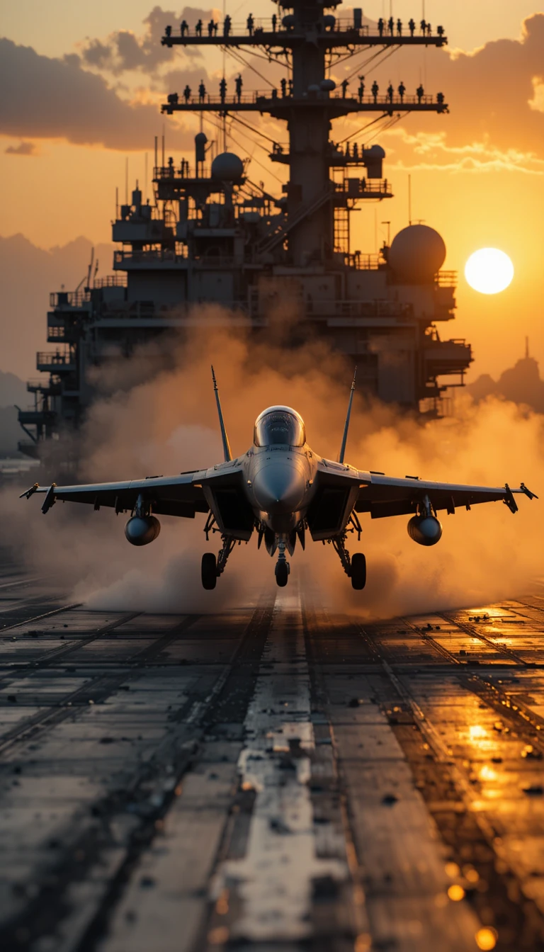 Chasseur naval se posant sur un porte-avions au coucher de soleil doré