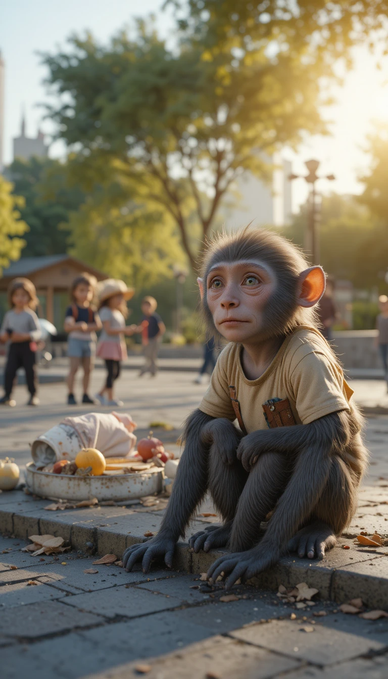 Two small monkeys in torn clothes sitting in a city park