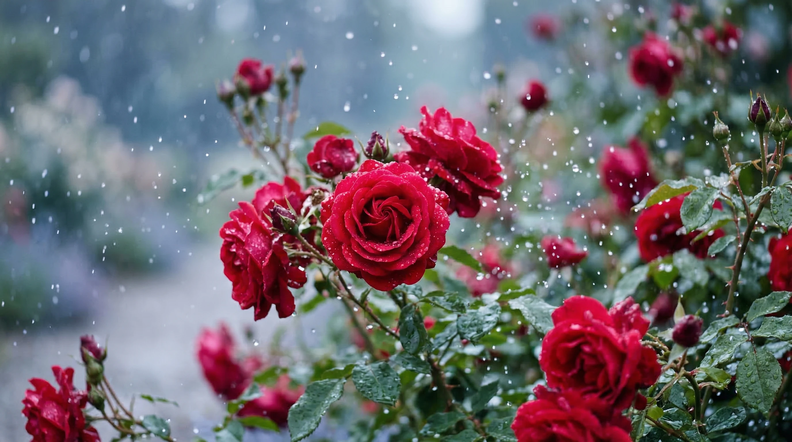 Roses rouges avec gouttes d’eau en doux flou onirique