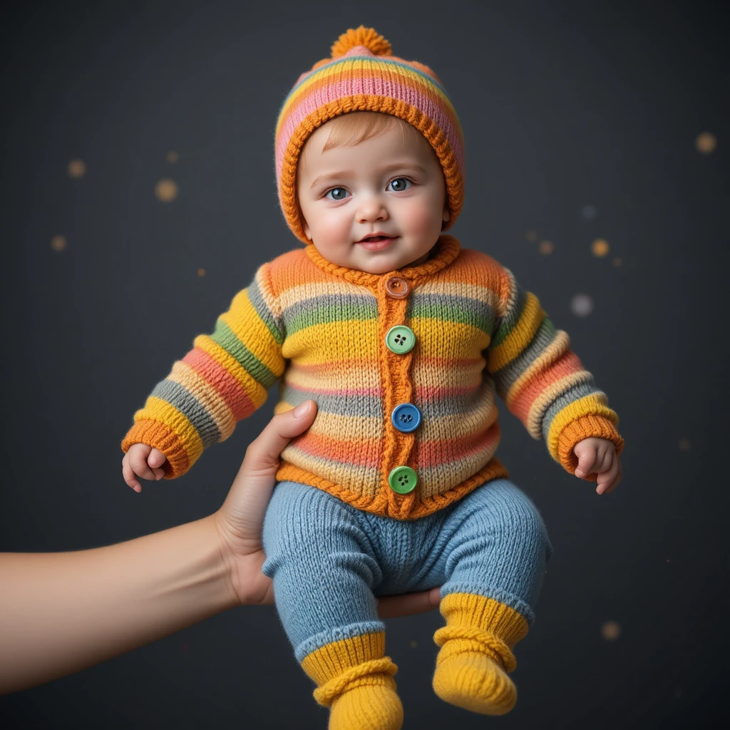 Bebê em roupa de tricô colorida segurado contra fundo escuro