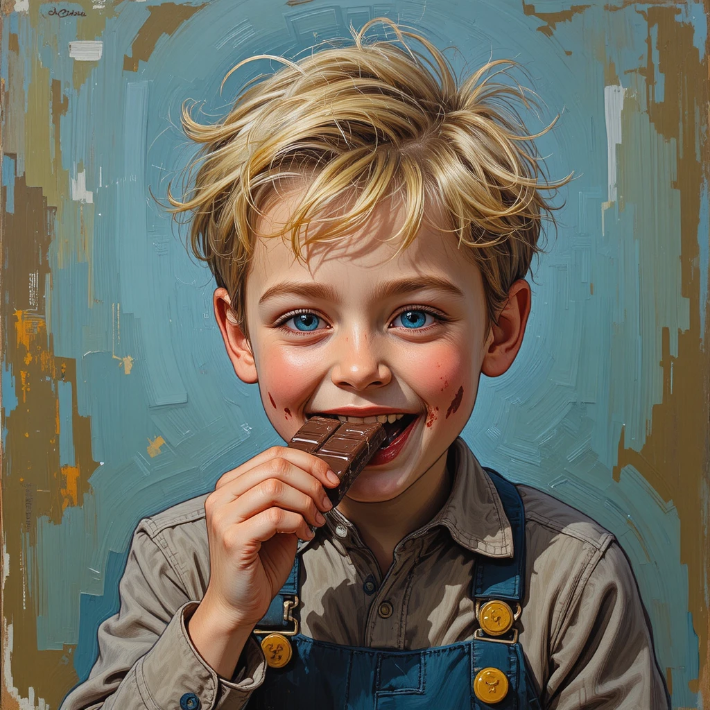Menino travesso com sorriso manchado de chocolate em estilo impressionista