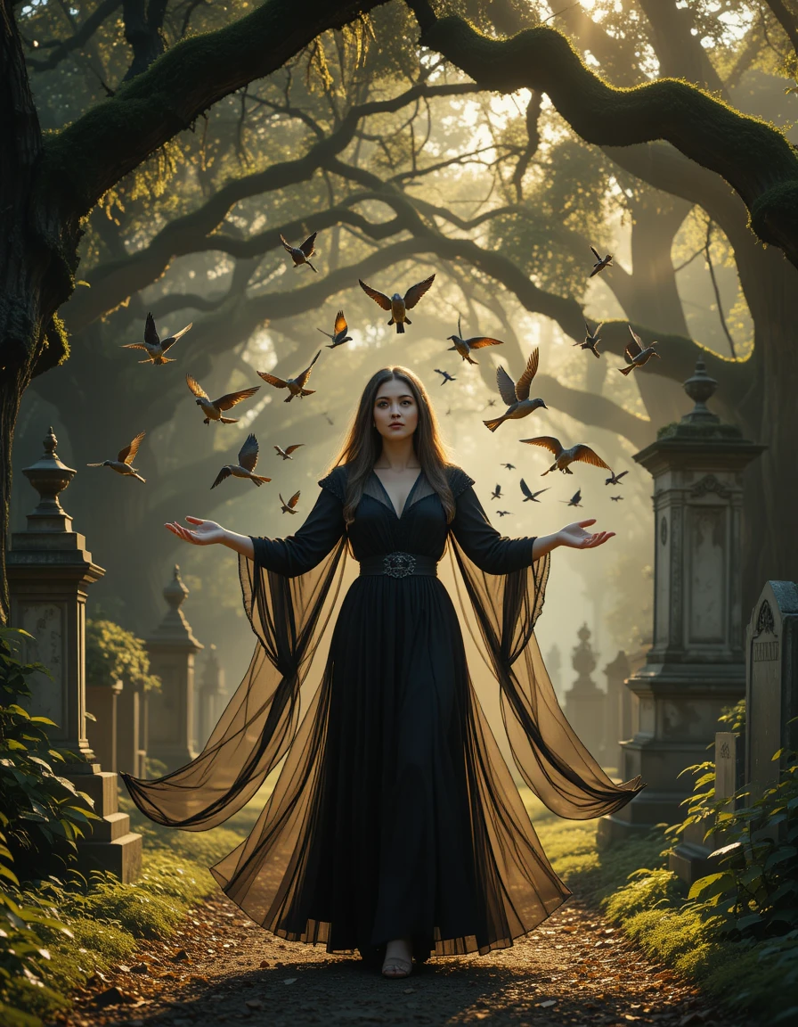 Mysterious woman with birds walking through forest cemetery
