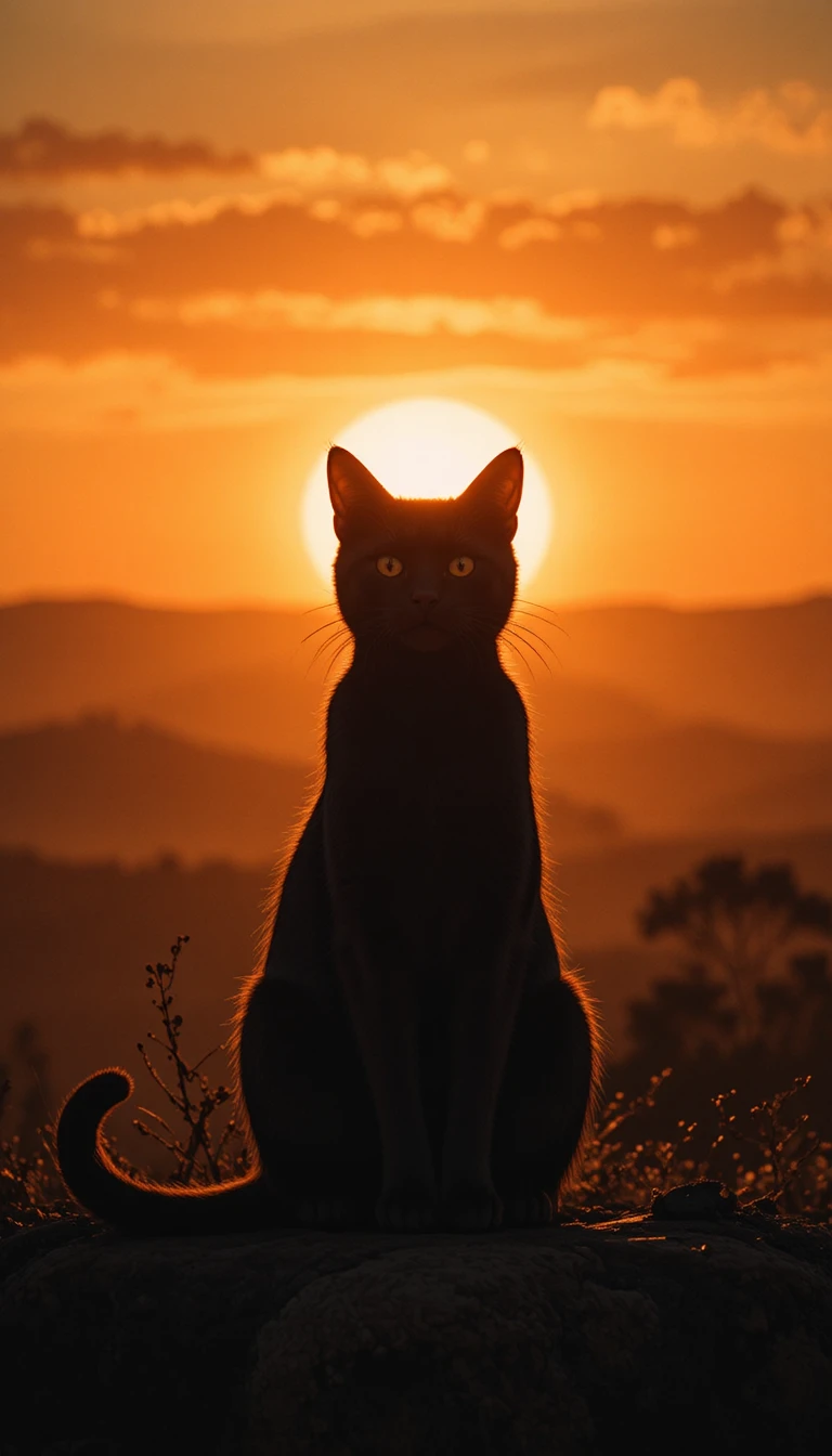 溫暖金色夕陽景色中的貓剪影